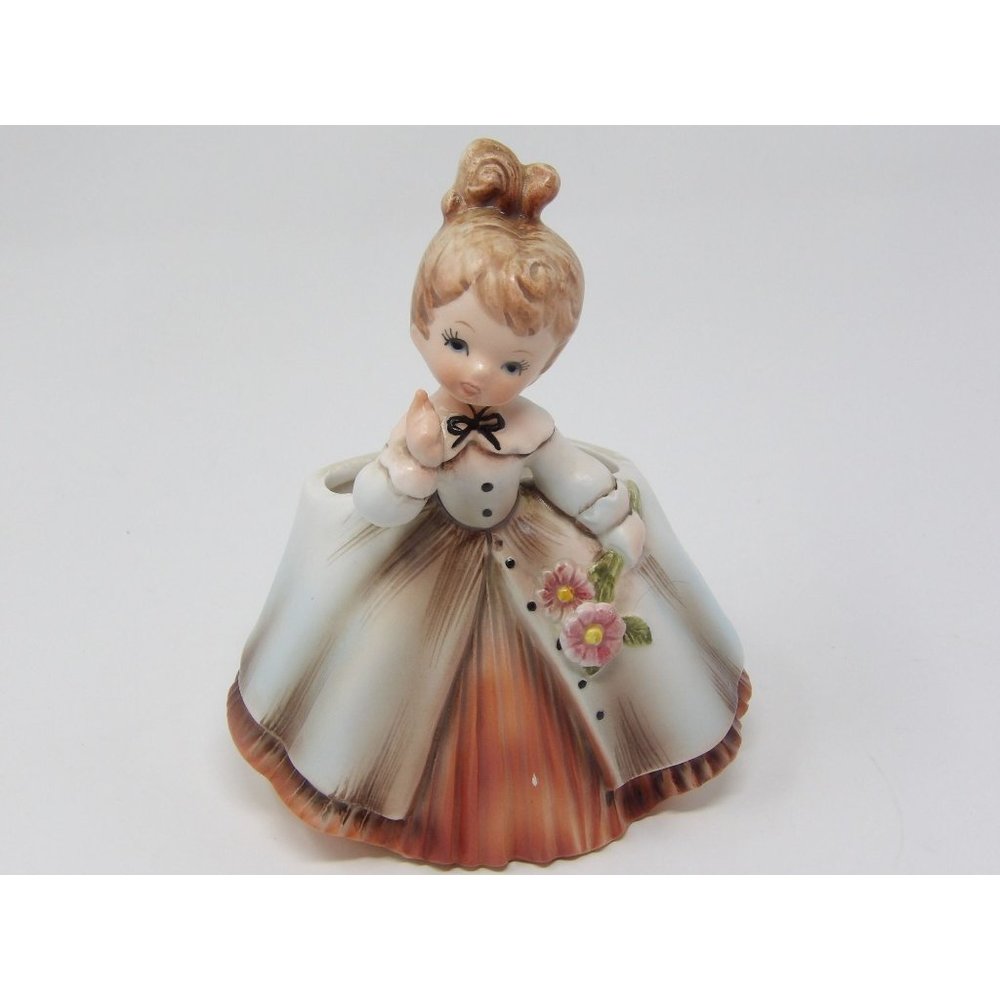 Vintage Kitschy Inarco E-871 Planter Girl in Peach Dress with Pink Flowers 5 1/2